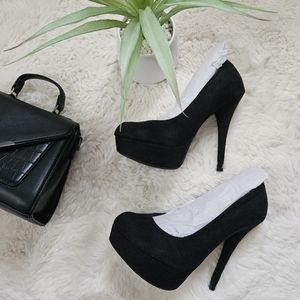 Black faux suede platform pump heels